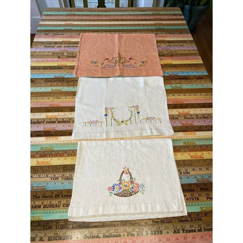 VINTAGE Hand Embroidered Tea Guest Towels Dresser Scarfs LINEN Floral Lot of 3